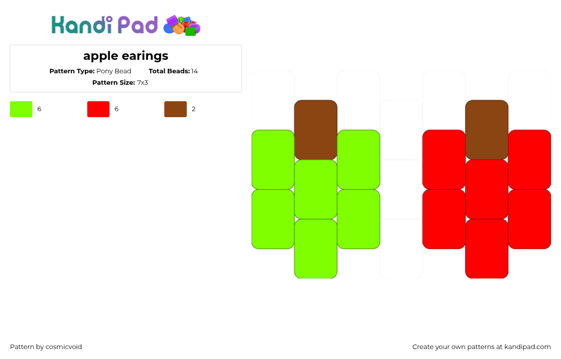 apple earings - Pony Bead Pattern by cosmicvoid on Kandi Pad - apples,fruit,earrings,simple,green,red