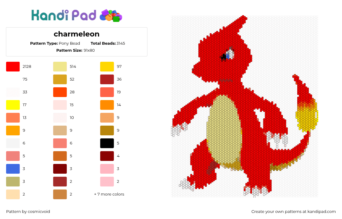 charmeleon - Pony Bead Pattern by cosmicvoid on Kandi Pad - charmeleon,pokemon,evolution,charmander,character,gaming,fiery,red,yellow