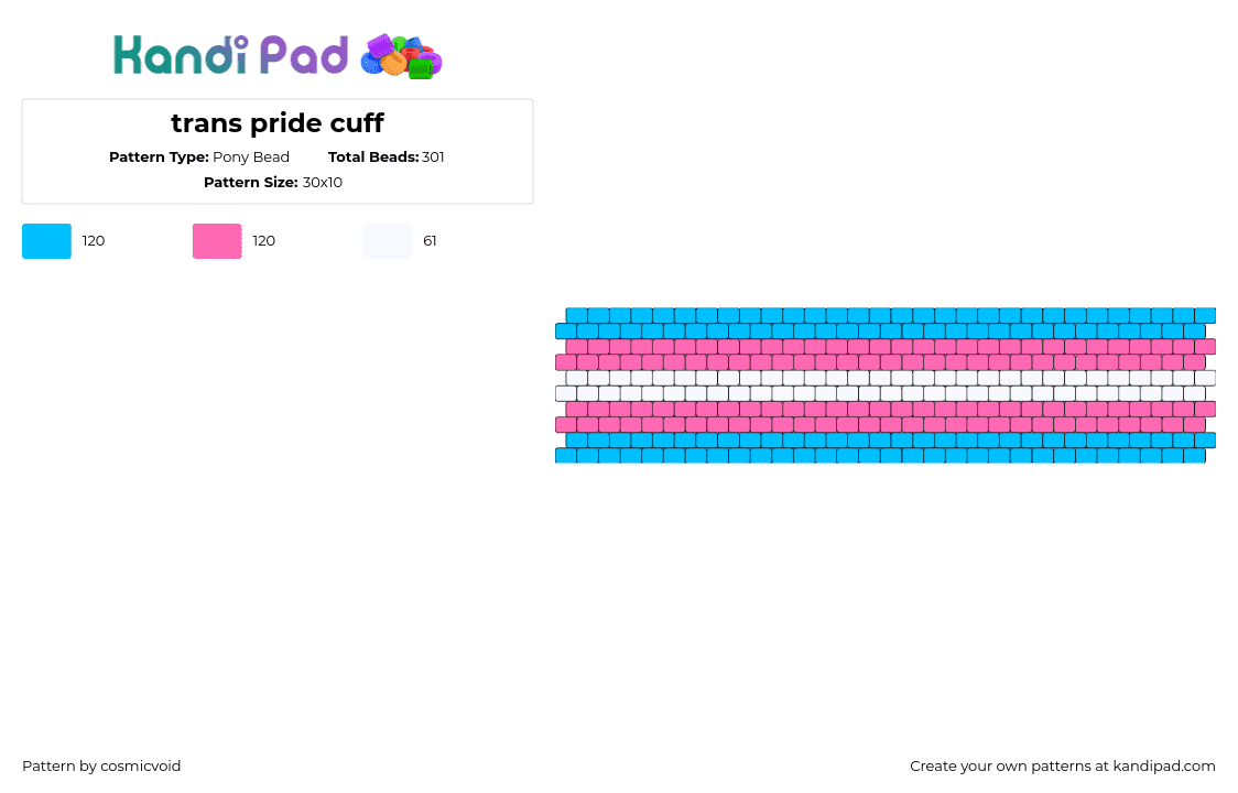 trans pride cuff - Pony Bead Pattern by cosmicvoid on Kandi Pad - trans,pride,cuff,pink,light blue