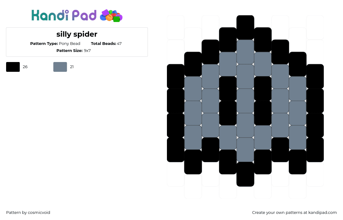 silly spider - Pony Bead Pattern by cosmicvoid on Kandi Pad - spider,ghost,simple,charm,spooky,halloween,gray,black