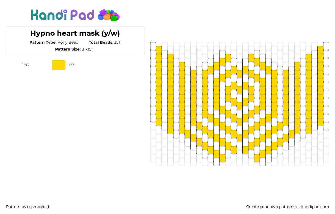 Hypno heart mask (y/w) - Pony Bead Pattern by cosmicvoid on Kandi Pad - hypnotic,heart,stripes,mask,trippy,white,yellow