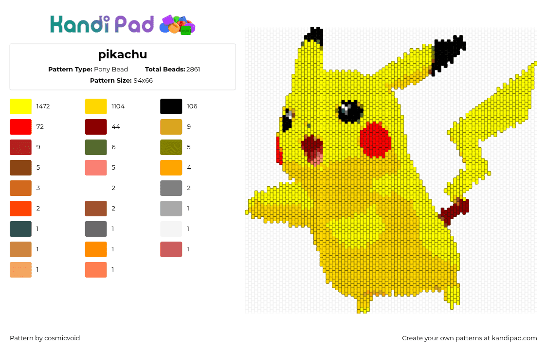 pikachu - Pony Bead Pattern by cosmicvoid on Kandi Pad - pikachu,pokemon,starter,character,gaming,yellow