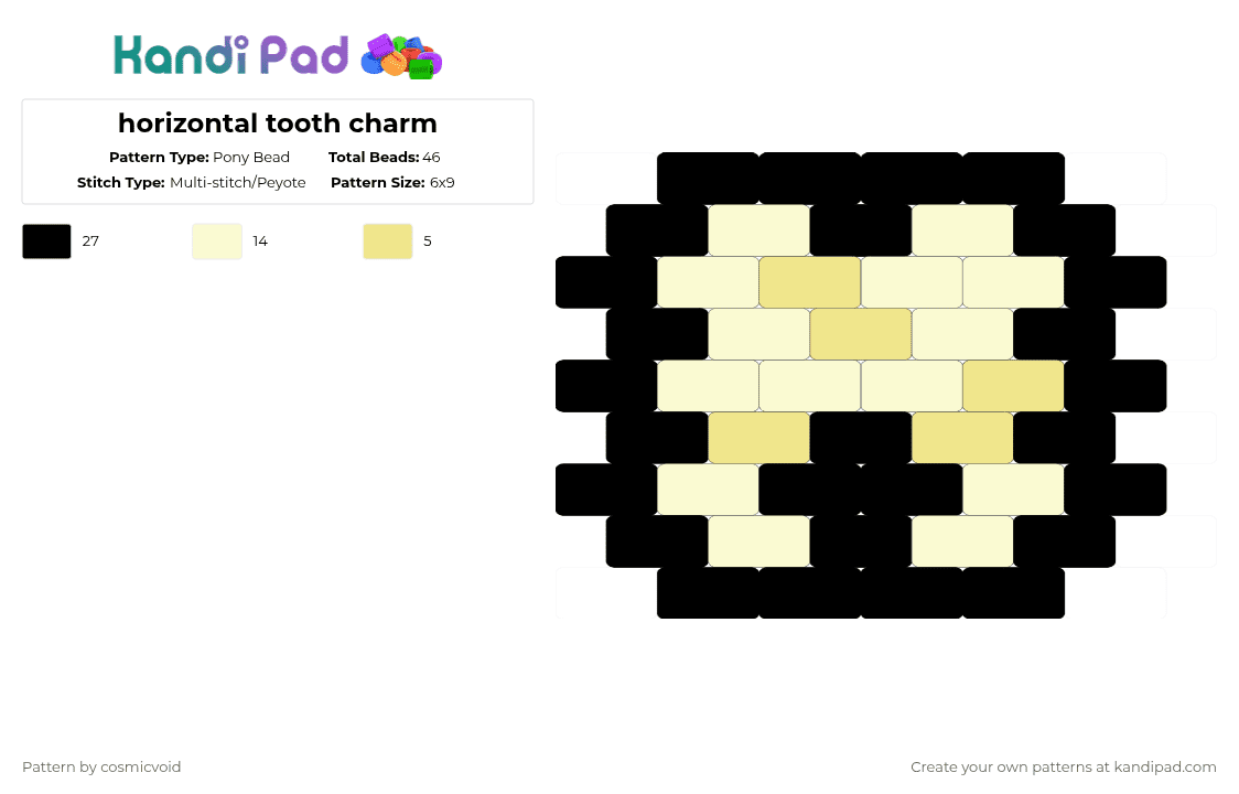 horizontal tooth charm - Pony Bead Pattern by cosmicvoid on Kandi Pad - white,yellow,tooth,teeth,spooky,bones,charm