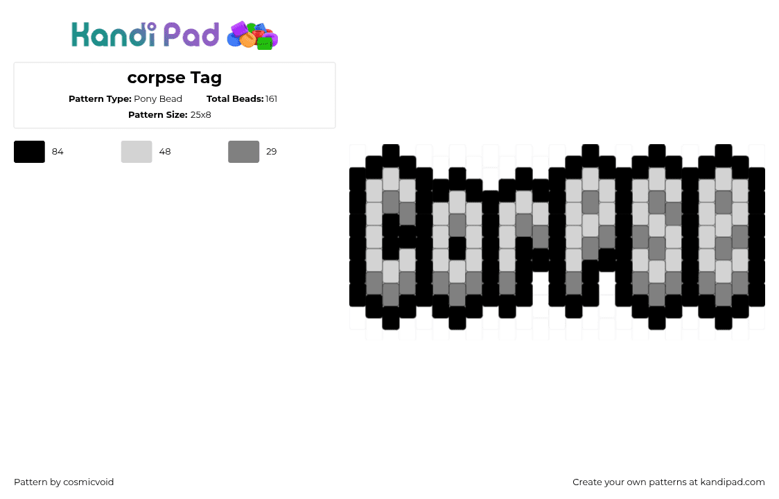corpse Tag - Pony Bead Pattern by cosmicvoid on Kandi Pad - white,gray