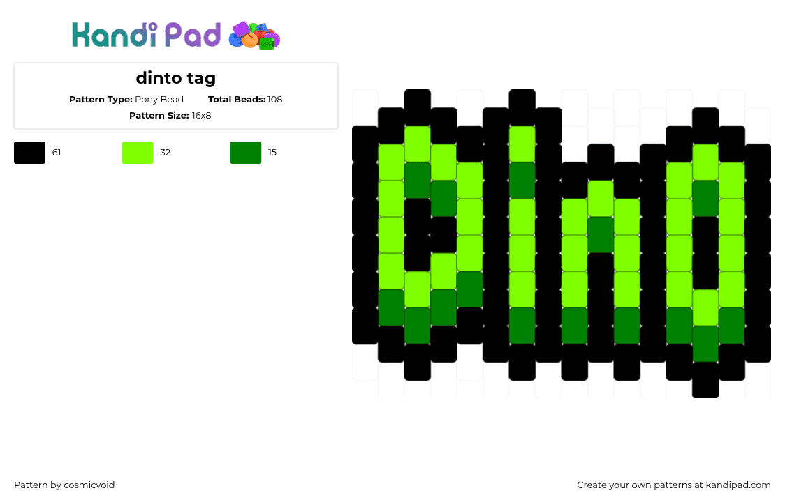 dinto tag - Pony Bead Pattern by cosmicvoid on Kandi Pad - green,black