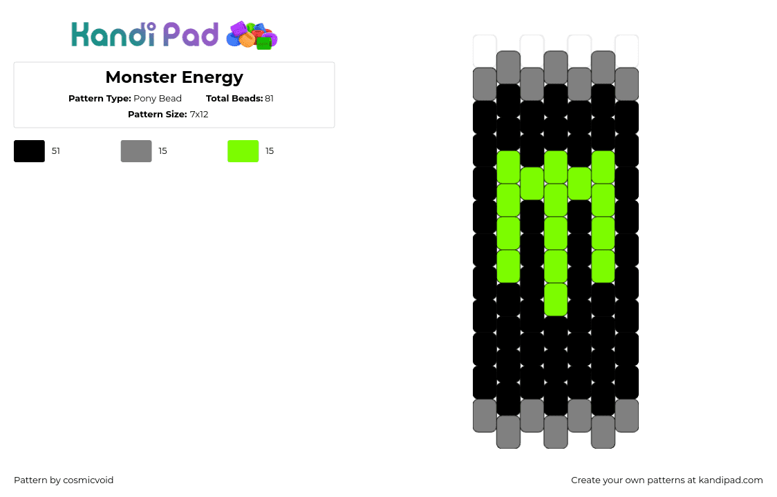 Monster Energy - Pony Bead Pattern by cosmicvoid on Kandi Pad - monster,energy,can,drink,charm,black,green