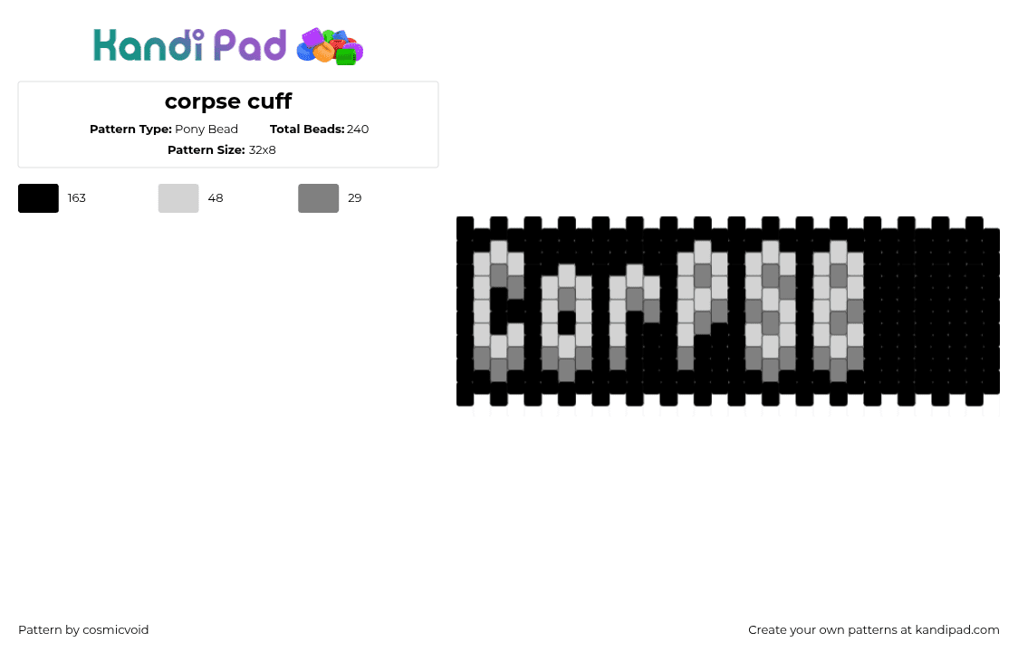 corpse cuff - Pony Bead Pattern by cosmicvoid on Kandi Pad - black,white,gray