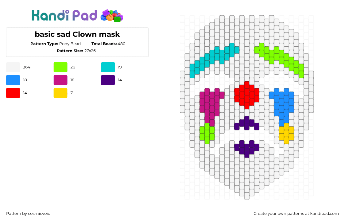 basic sad Clown mask - Pony Bead Pattern by cosmicvoid on Kandi Pad - white,light blue,green,pink