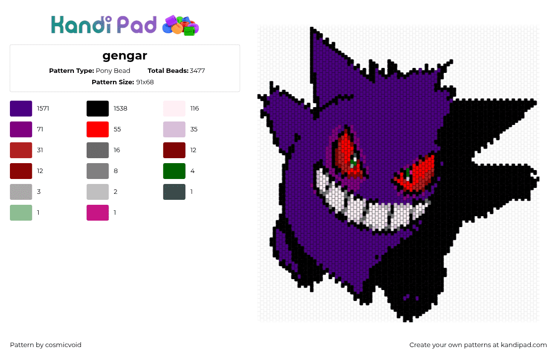 gengar - Pony Bead Pattern by cosmicvoid on Kandi Pad - 