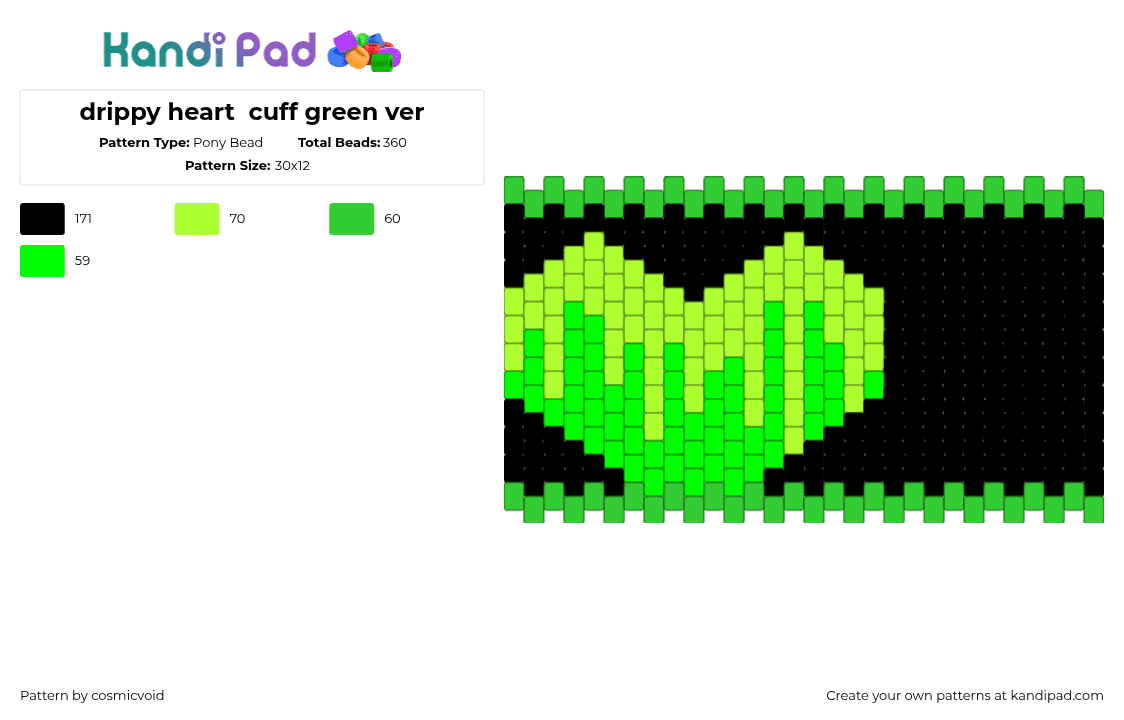 drippy heart  cuff green ver - Pony Bead Pattern by cosmicvoid on Kandi Pad - green,black