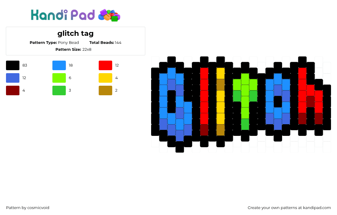 glitch tag - Pony Bead Pattern by cosmicvoid on Kandi Pad - black,light blue,red,blue