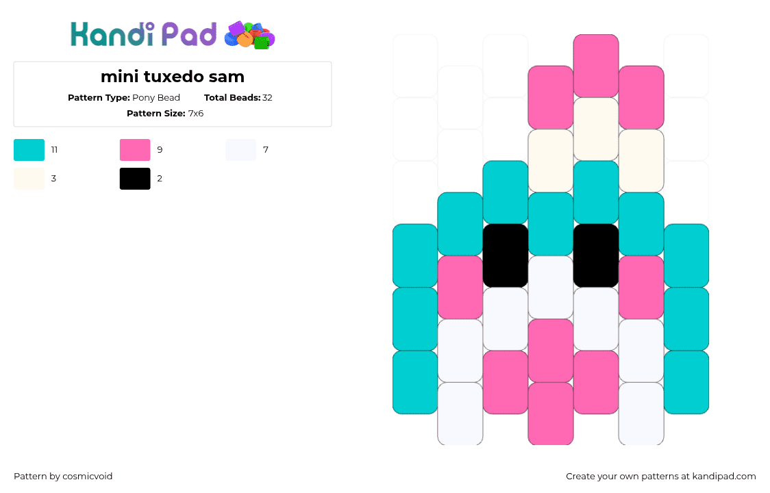 mini tuxedo sam - Pony Bead Pattern by cosmicvoid on Kandi Pad - tuxedo sam,sanrio,penguin,character,cute,charm,head,white,teal,pink