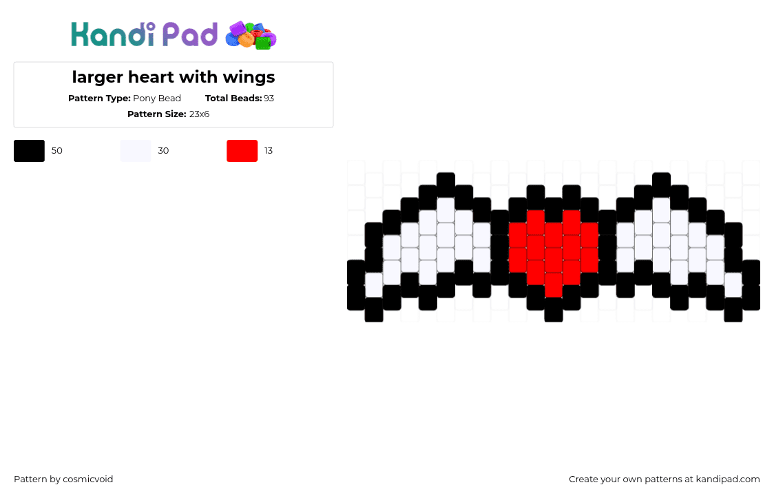 larger heart with wings - Pony Bead Pattern by cosmicvoid on Kandi Pad - heart,wings,angel,love,charm,white,red