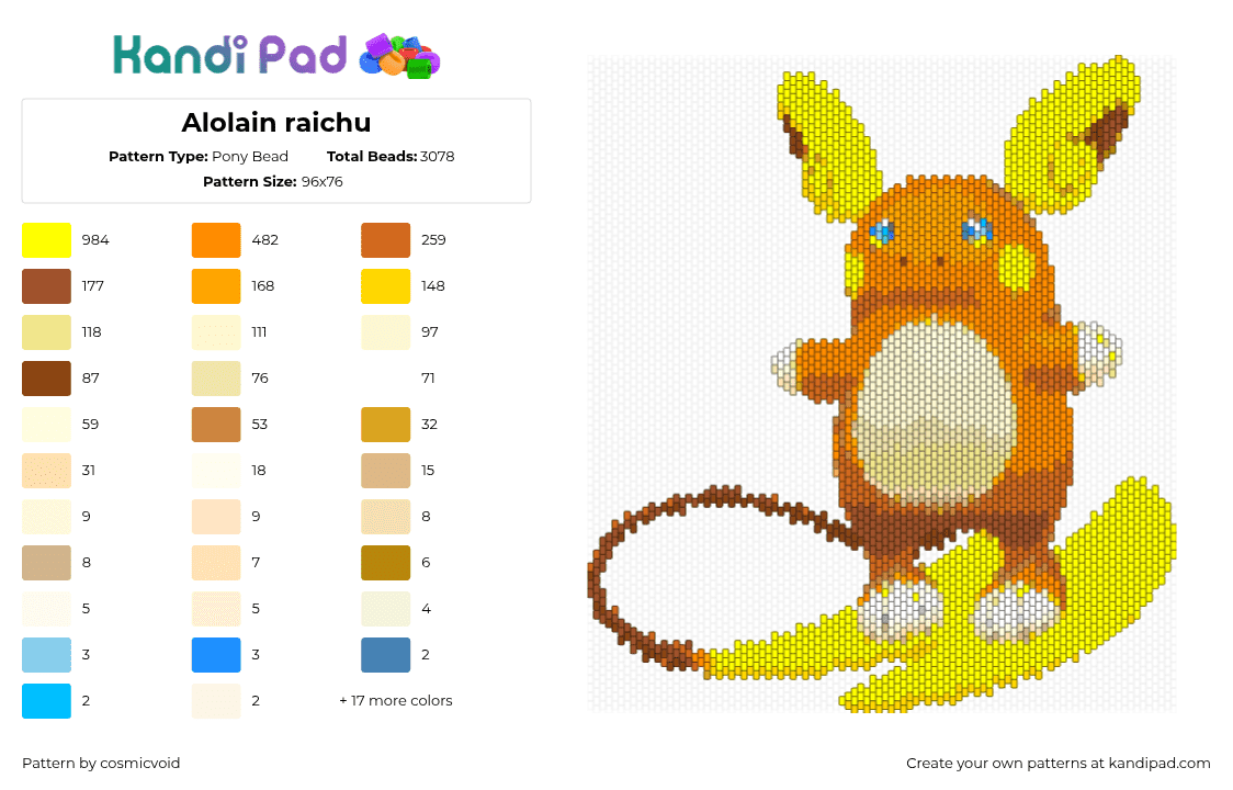 Alolain raichu - Pony Bead Pattern by cosmicvoid on Kandi Pad - 