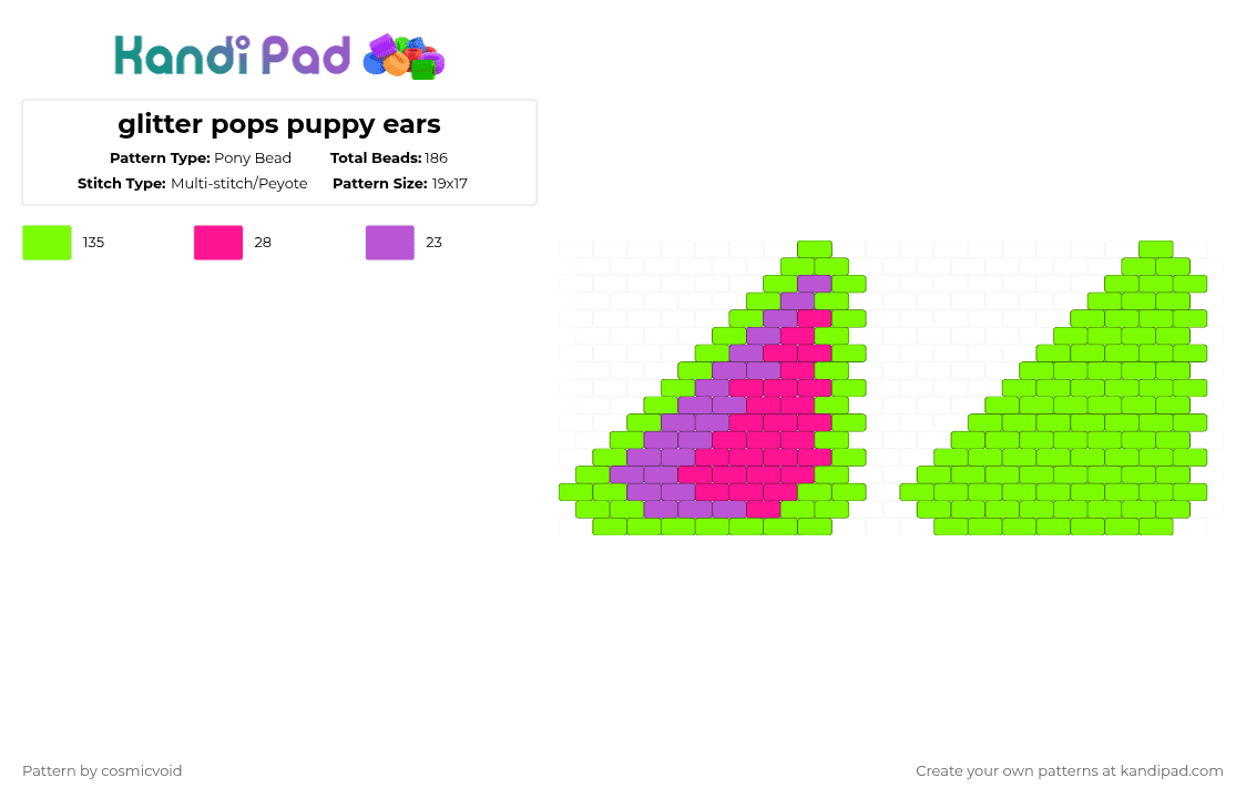 glitter pops puppy ears - Pony Bead Pattern by cosmicvoid on Kandi Pad - ears, green, original character, pink, puppy ears