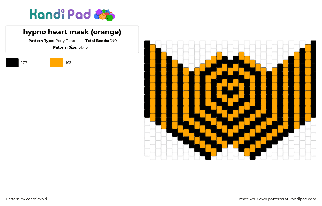 hypno heart mask (orange) - Pony Bead Pattern by cosmicvoid on Kandi Pad - hypnotic,neon,heart,mask,trippy,black,orange