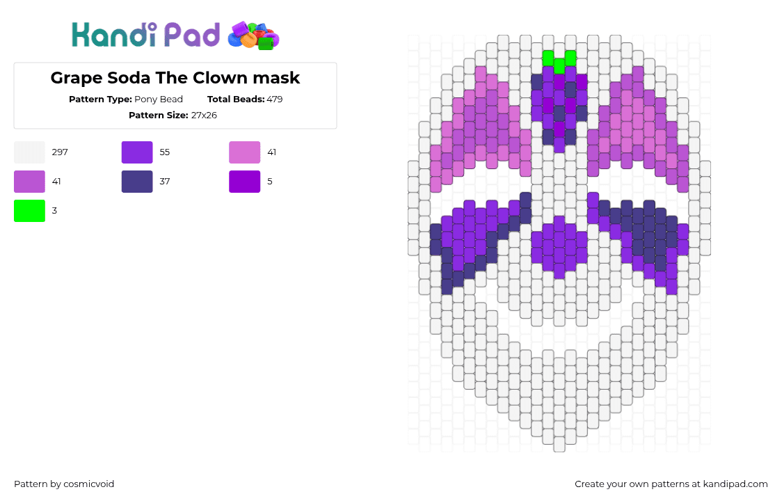 Grape Soda The Clown mask - Pony Bead Pattern by cosmicvoid on Kandi Pad - white,pink,purple