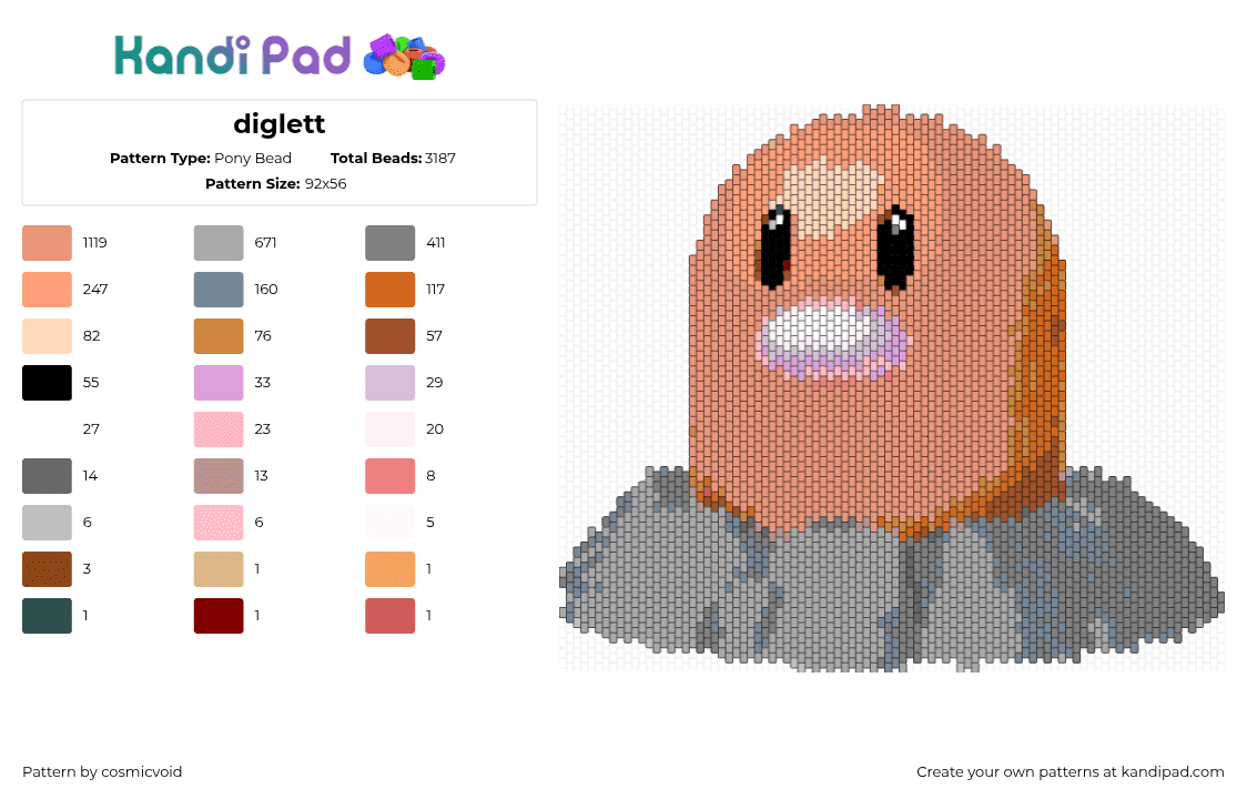 diglett - Pony Bead Pattern by cosmicvoid on Kandi Pad - diglett,pokemon,gaming,character,tan,gray