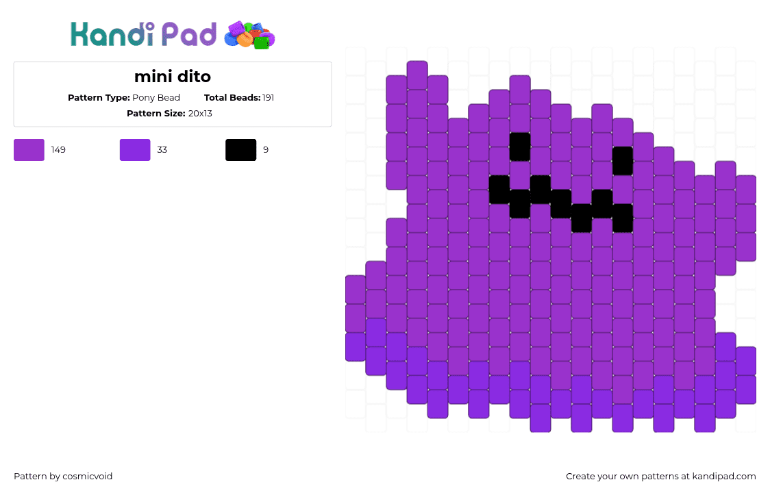 mini dito - Pony Bead Pattern by cosmicvoid on Kandi Pad - ditto,pokemon,blob,character,gaming,purple