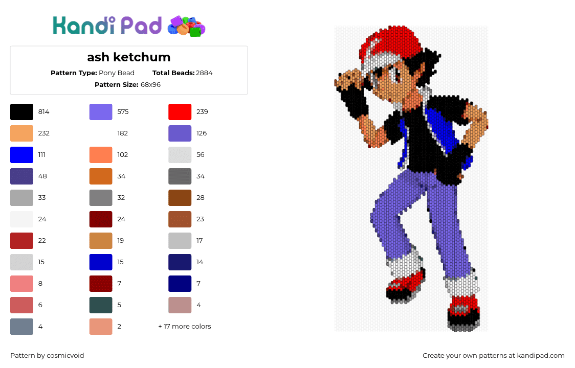 ash ketchum - Pony Bead Pattern by cosmicvoid on Kandi Pad - 