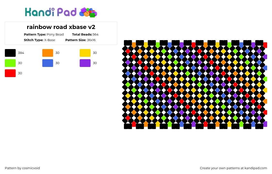 rainbow road xbase v2 - Pony Bead Pattern by cosmicvoid on Kandi Pad - black,yellow,blue,red,colorful