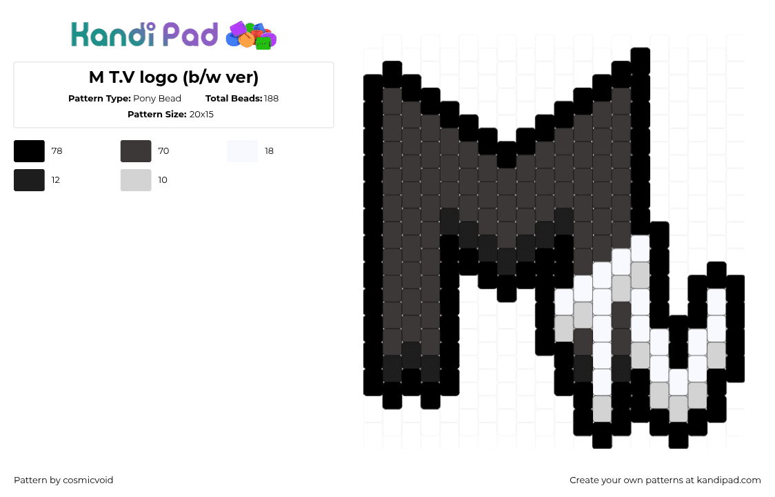M T.V logo (b/w ver) - Pony Bead Pattern by cosmicvoid on Kandi Pad - black