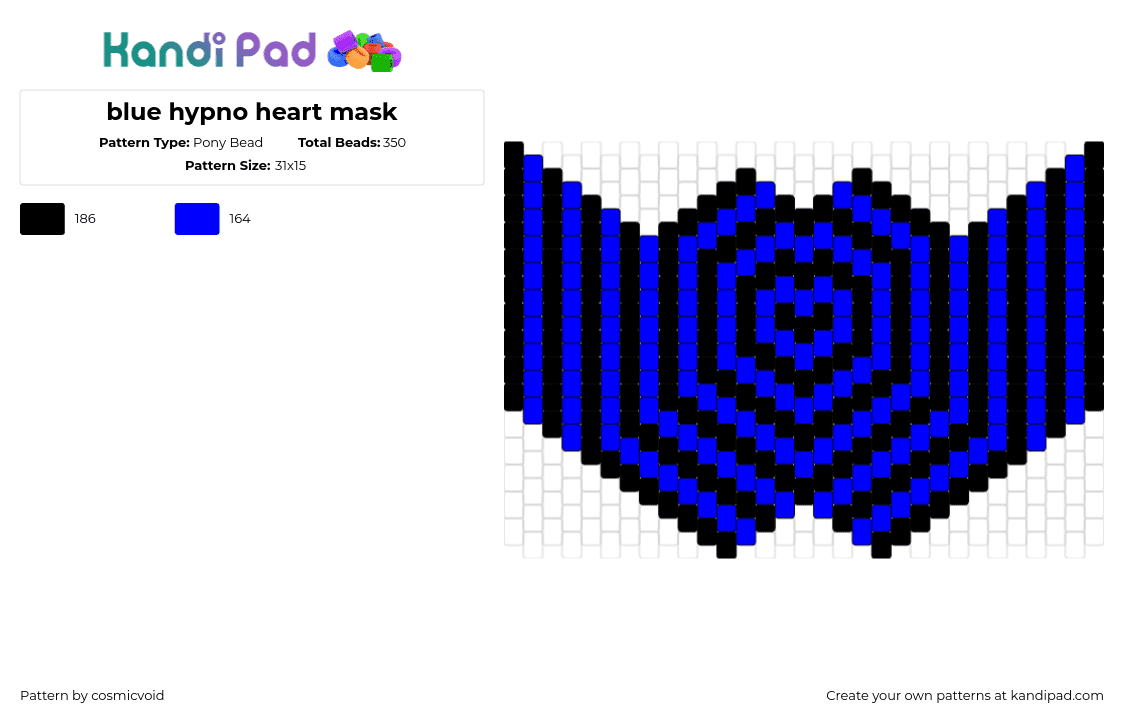 blue hypno heart mask - Pony Bead Pattern by cosmicvoid on Kandi Pad - hypnotic,neon,heart,mask,trippy,black,blue