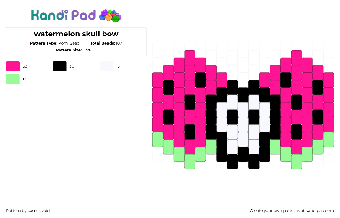 watermelon skull bow - Pony Bead Pattern by cosmicvoid on Kandi Pad - skull,watermelon,bow,clothing,fruit,halloween,spooky,food,pink