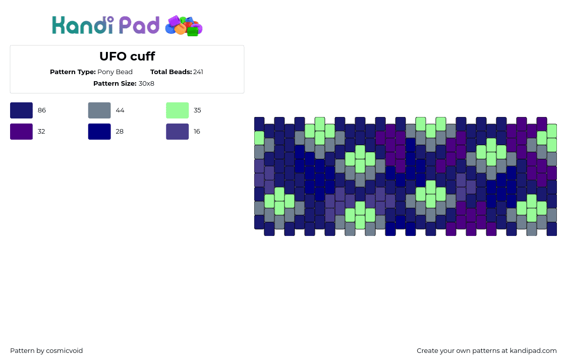 UFO cuff - Pony Bead Pattern by cosmicvoid on Kandi Pad - ufo,space,extraterrestrial,glow,cuff,green,purple,blue