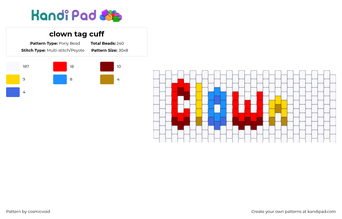 clown tag cuff - Pony Bead Pattern by cosmicvoid on Kandi Pad - white,brown,red,yellow