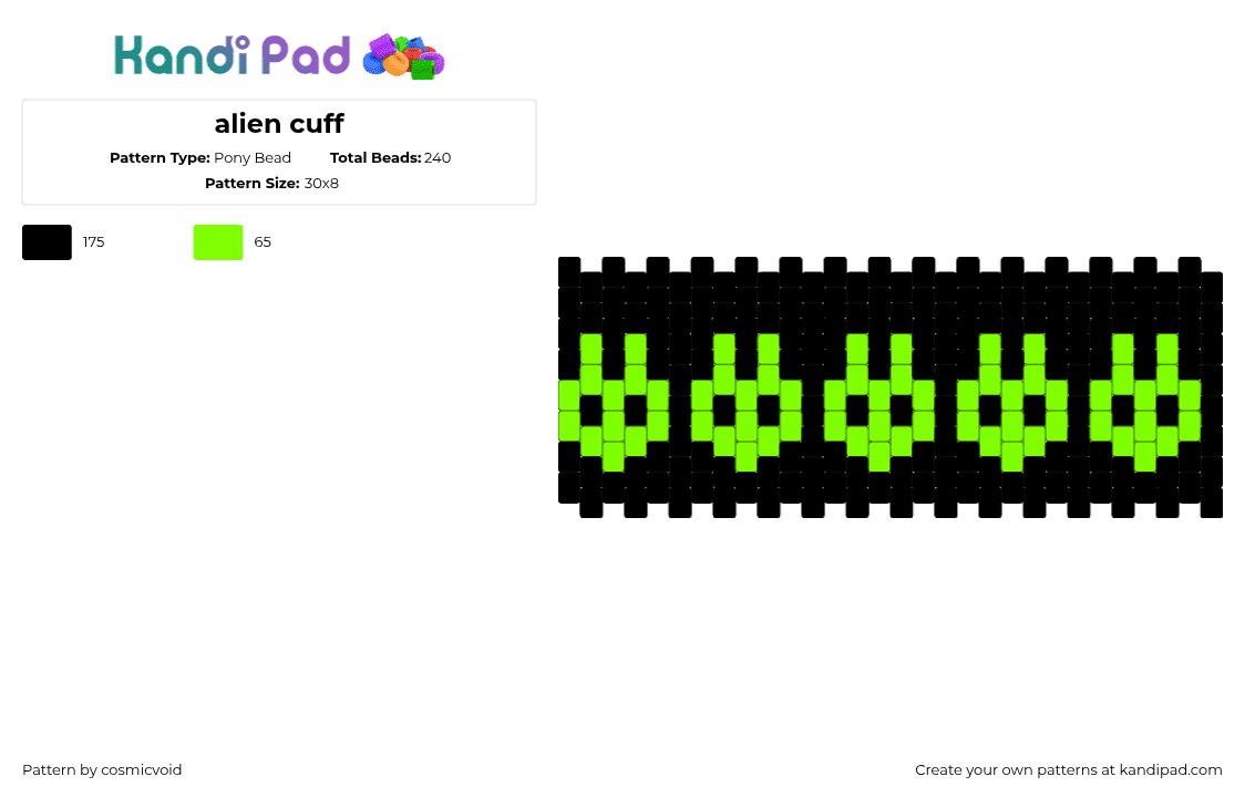 alien cuff - Pony Bead Pattern by cosmicvoid on Kandi Pad - aliens,repeating,extraterrestrial,dark,cuff,black,green