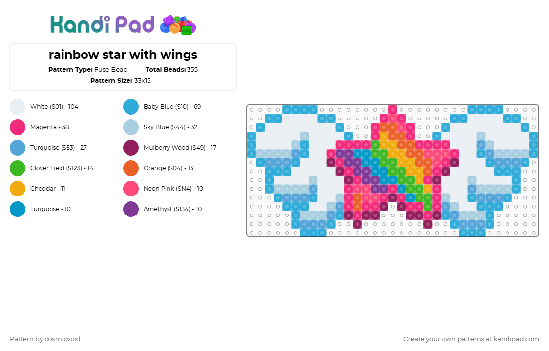 rainbow star with wings - Fuse Bead Pattern by cosmicvoid on Kandi Pad - pink,light blue