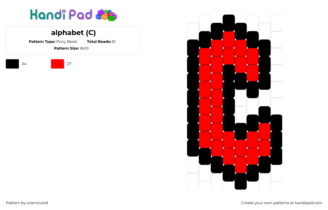 alphabet (C) - Pony Bead Pattern by cosmicvoid on Kandi Pad - c,alphabet,text,letter,charm,simple,red,black