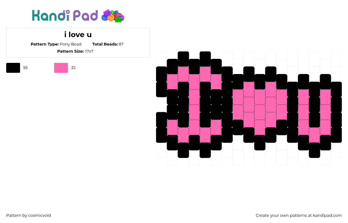 i love u - Pony Bead Pattern by cosmicvoid on Kandi Pad - love,heart,text,charm,pink,black