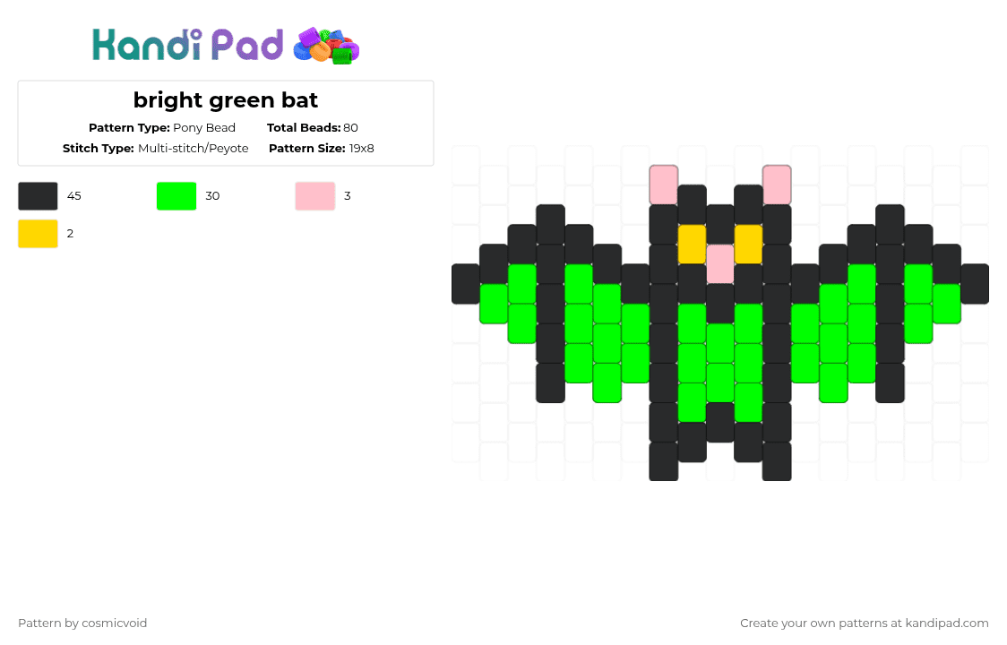bright green bat - Pony Bead Pattern by cosmicvoid on Kandi Pad - black,green
