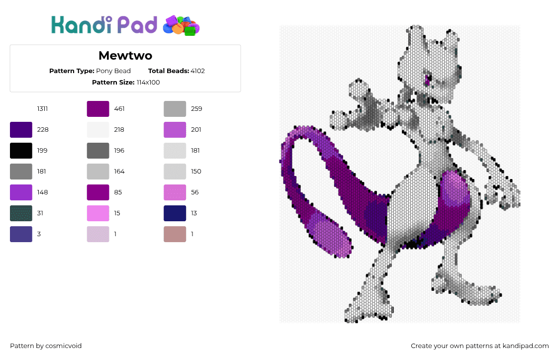 Mewtwo - Pony Bead Pattern by cosmicvoid on Kandi Pad - 