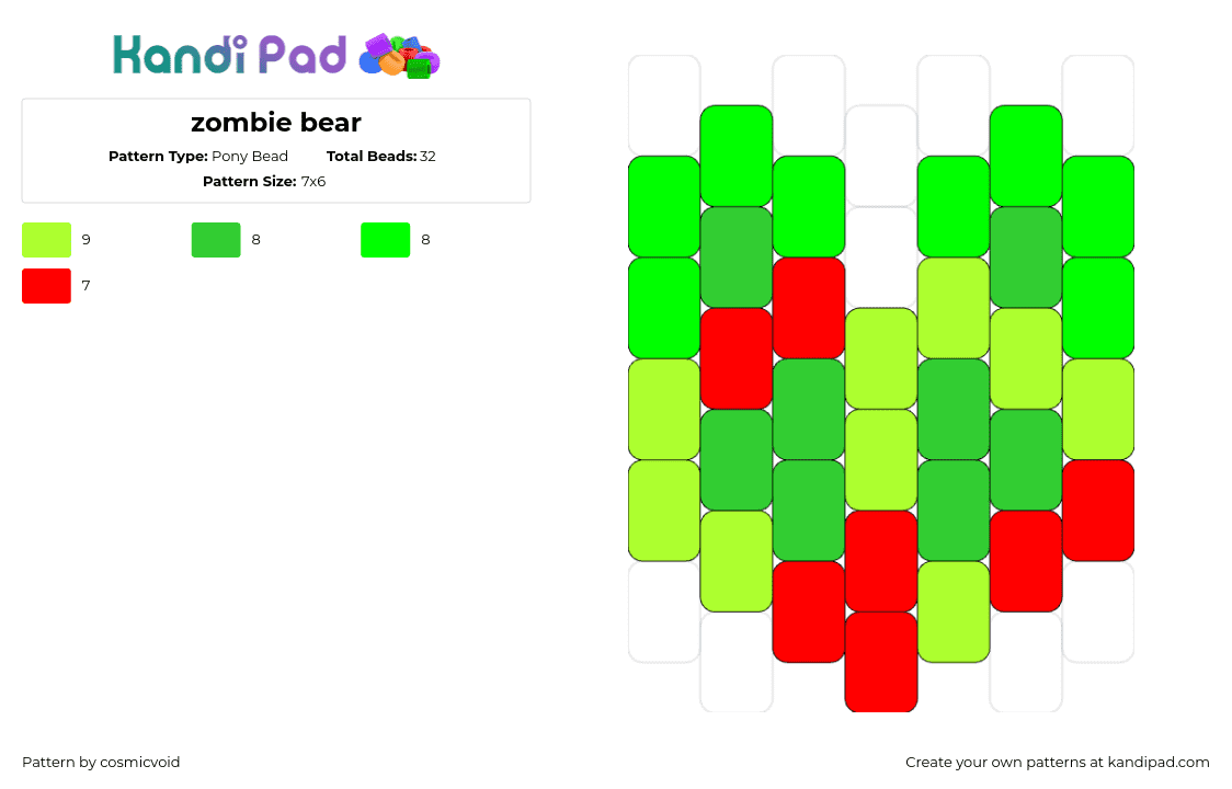 zombie bear - Pony Bead Pattern by cosmicvoid on Kandi Pad - zombie,bear,blood,charm,head,simple,green,red