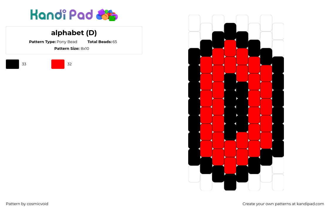 alphabet (D) - Pony Bead Pattern by cosmicvoid on Kandi Pad - d,alphabet,text,letter,charm,simple,red,black