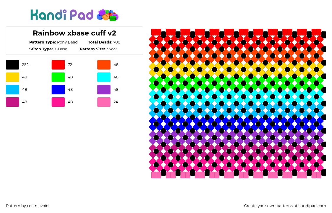 Rainbow xbase cuff v2 - Pony Bead Pattern by cosmicvoid on Kandi Pad - red,pink,light blue,purple