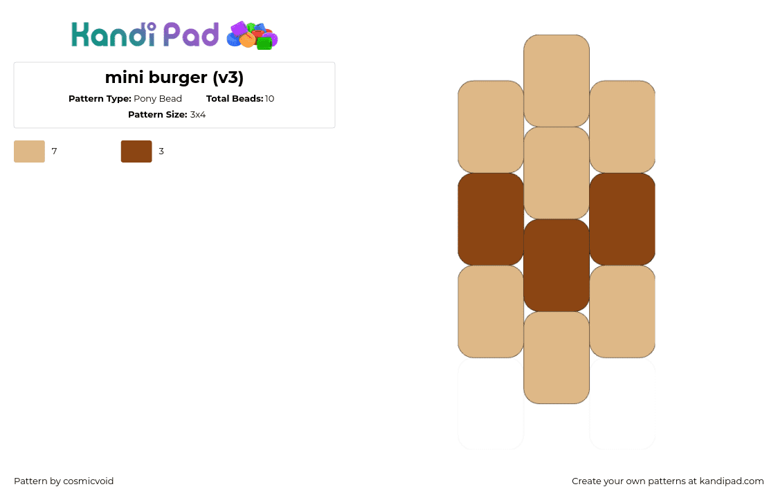 mini burger (v3) - Pony Bead Pattern by cosmicvoid on Kandi Pad - hamburger,food,sandwich,simple,charm,earring,tan,brown