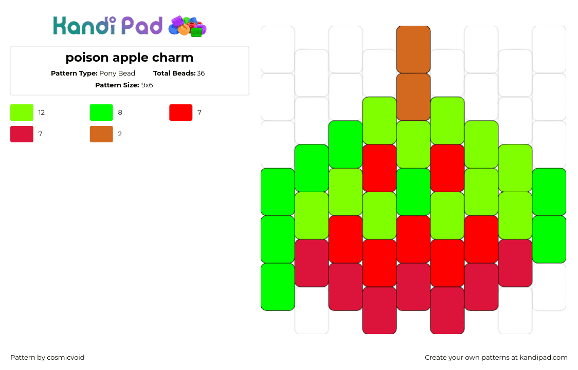 poison apple charm - Pony Bead Pattern by cosmicvoid on Kandi Pad - apple,poison,fruit,neon,charm,green,red