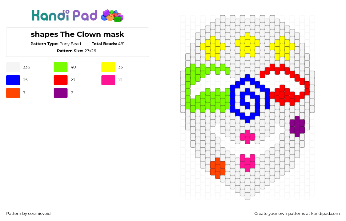 shapes The Clown mask - Pony Bead Pattern by cosmicvoid on Kandi Pad - white,green,yellow,red
