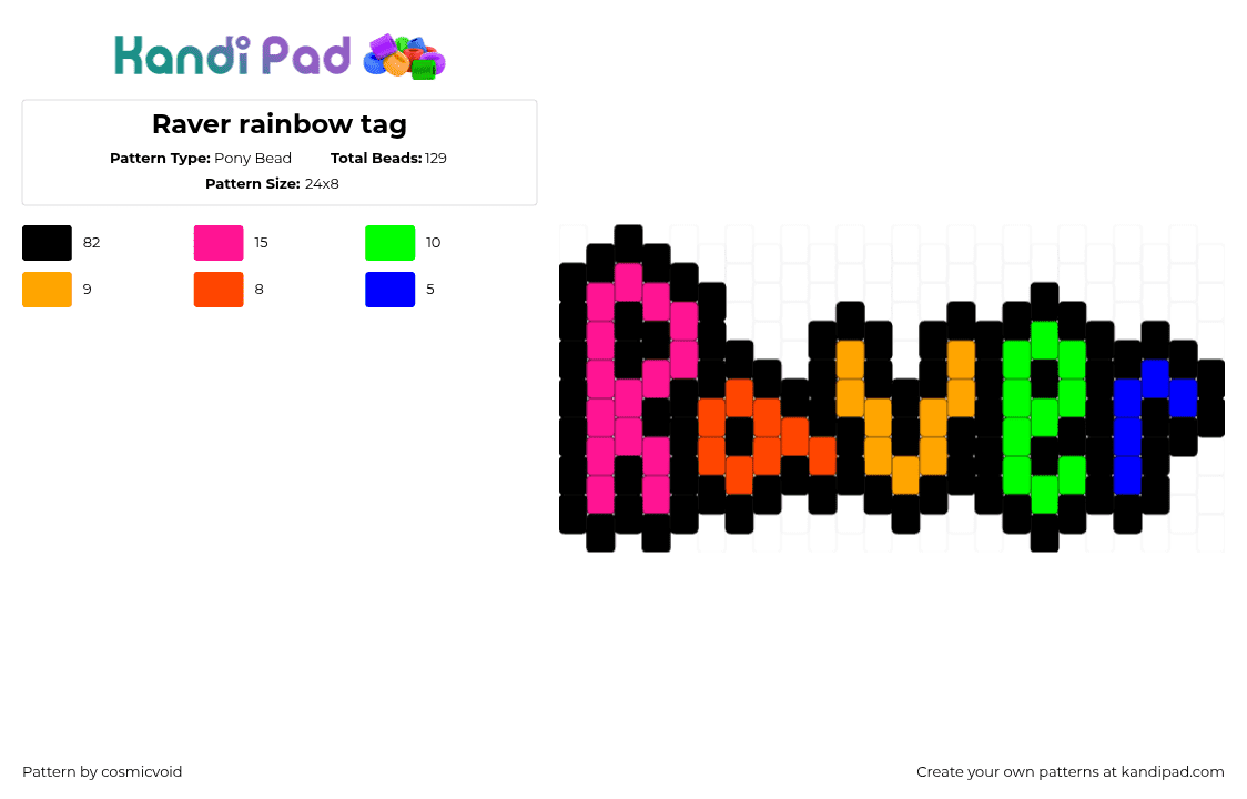 Raver rainbow tag - Pony Bead Pattern by cosmicvoid on Kandi Pad - black,pink,orange,green