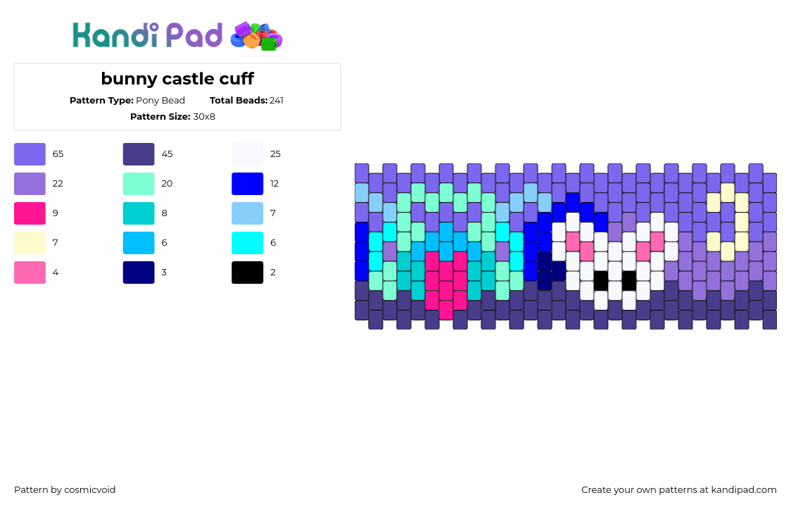 bunny castle cuff - Pony Bead Pattern by cosmicvoid on Kandi Pad - bunny,night,rabbit,cuff,teal,purple,white