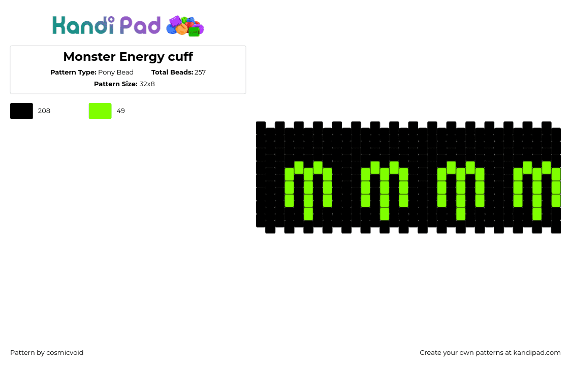 Monster Energy cuff - Pony Bead Pattern by cosmicvoid on Kandi Pad - monster,energy,logo,drink,cuff,black,green