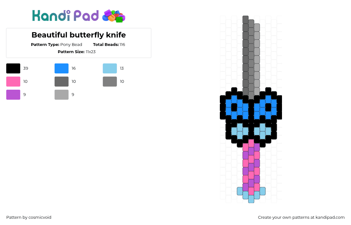 Beautiful butterfly knife - Pony Bead Pattern by cosmicvoid on Kandi Pad - light blue,pink,gray