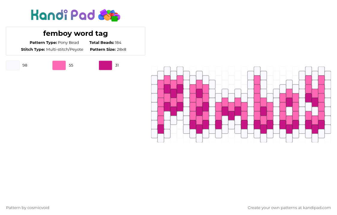 femboy word tag - Pony Bead Pattern by cosmicvoid on Kandi Pad - pink,white,word,tag,femboy