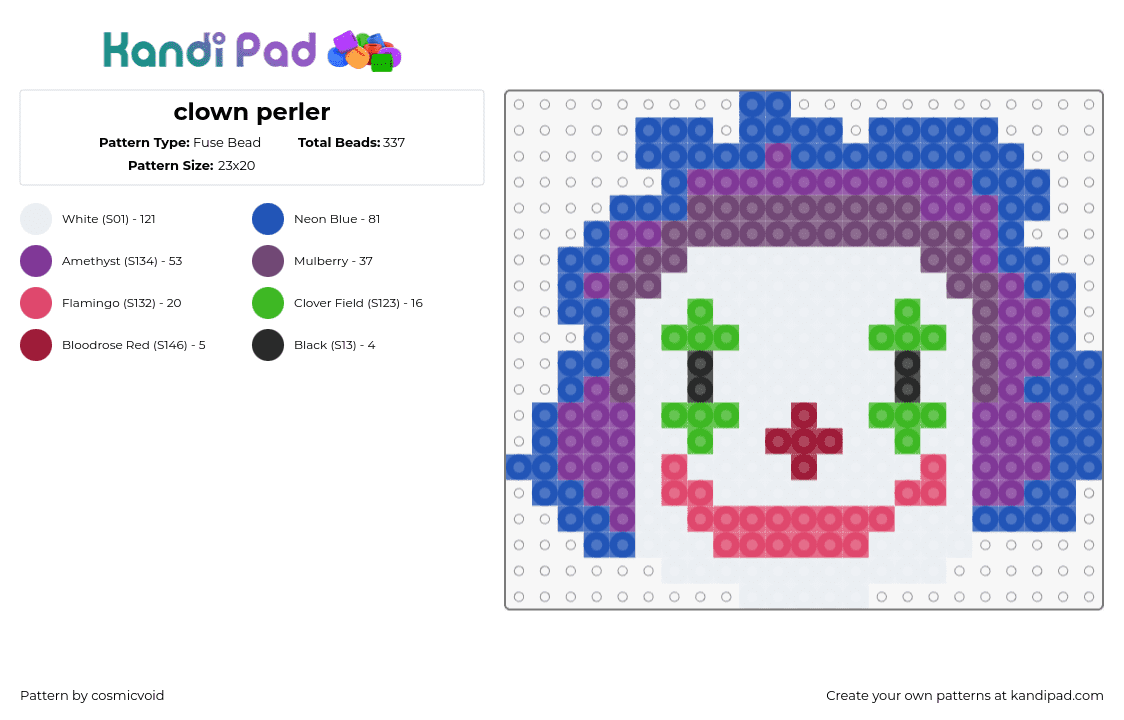 clown perler - Fuse Bead Pattern by cosmicvoid on Kandi Pad - clown,funny,head,face,smile,white,purple,blue