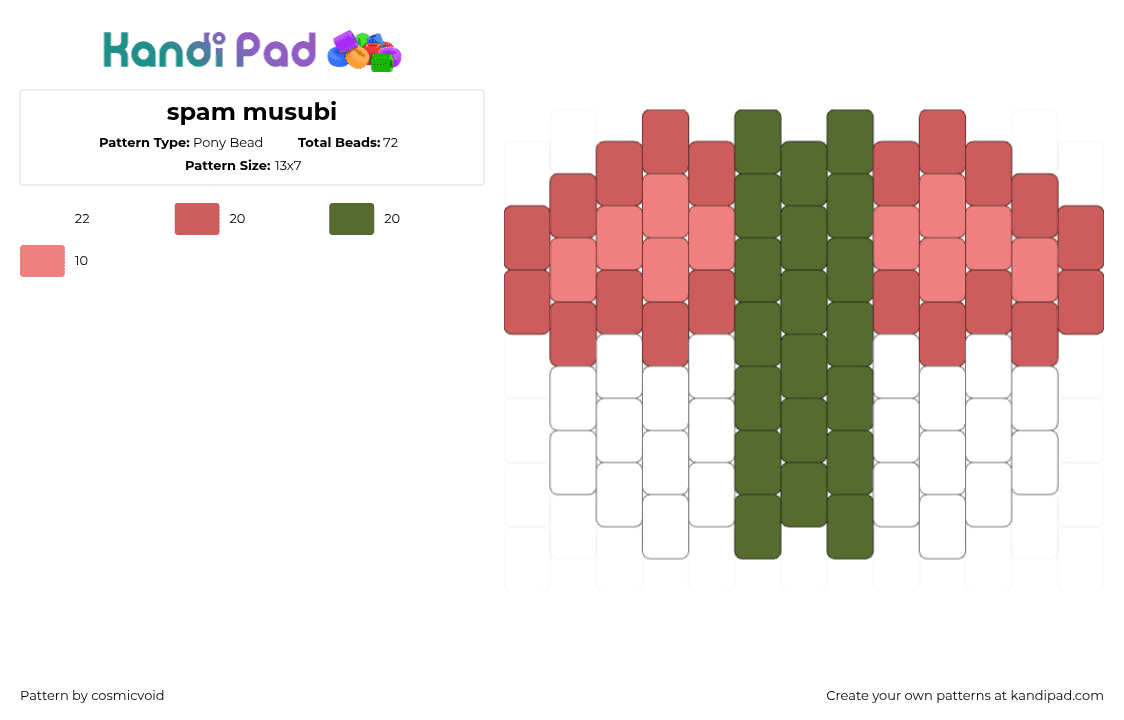 spam musubi - Pony Bead Pattern by cosmicvoid on Kandi Pad - musabi,sushi,spam,food,cvharm,green,pink,white