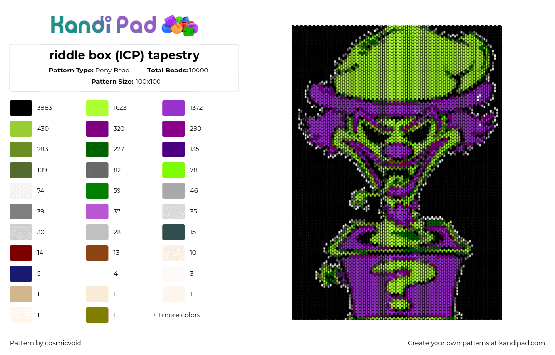 riddle box (ICP) tapestry - Pony Bead Pattern by cosmicvoid on Kandi Pad - riddle box,icp,insane clown posse,rap,hip hop,music,panel,tapestry,black,purple,green